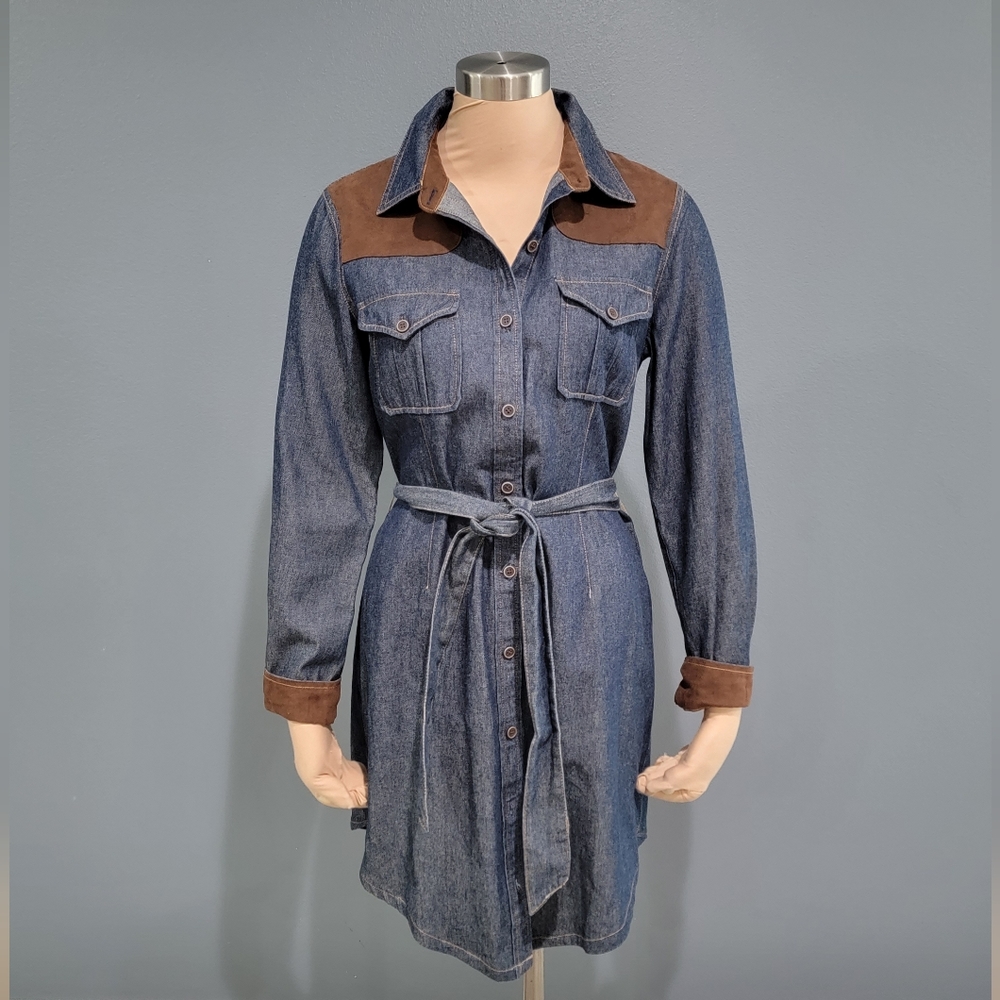 JG HOOK Blue Denim Suede Trim Belted Western Shirt Dress 8